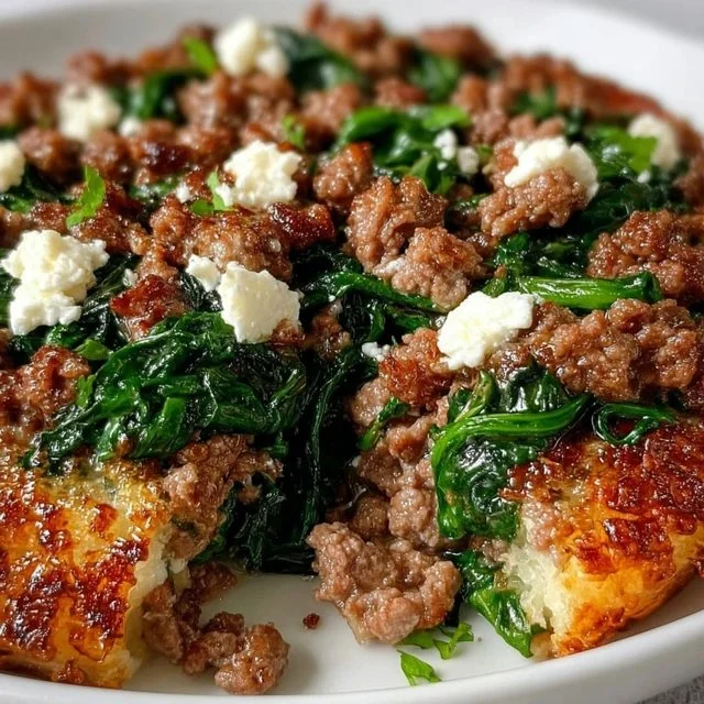 Ground beef skillet with spinach and feta in a pan, ready to serve.