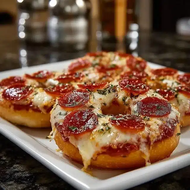Homemade air fryer pizza bagels topped with cheese and pepperoni.