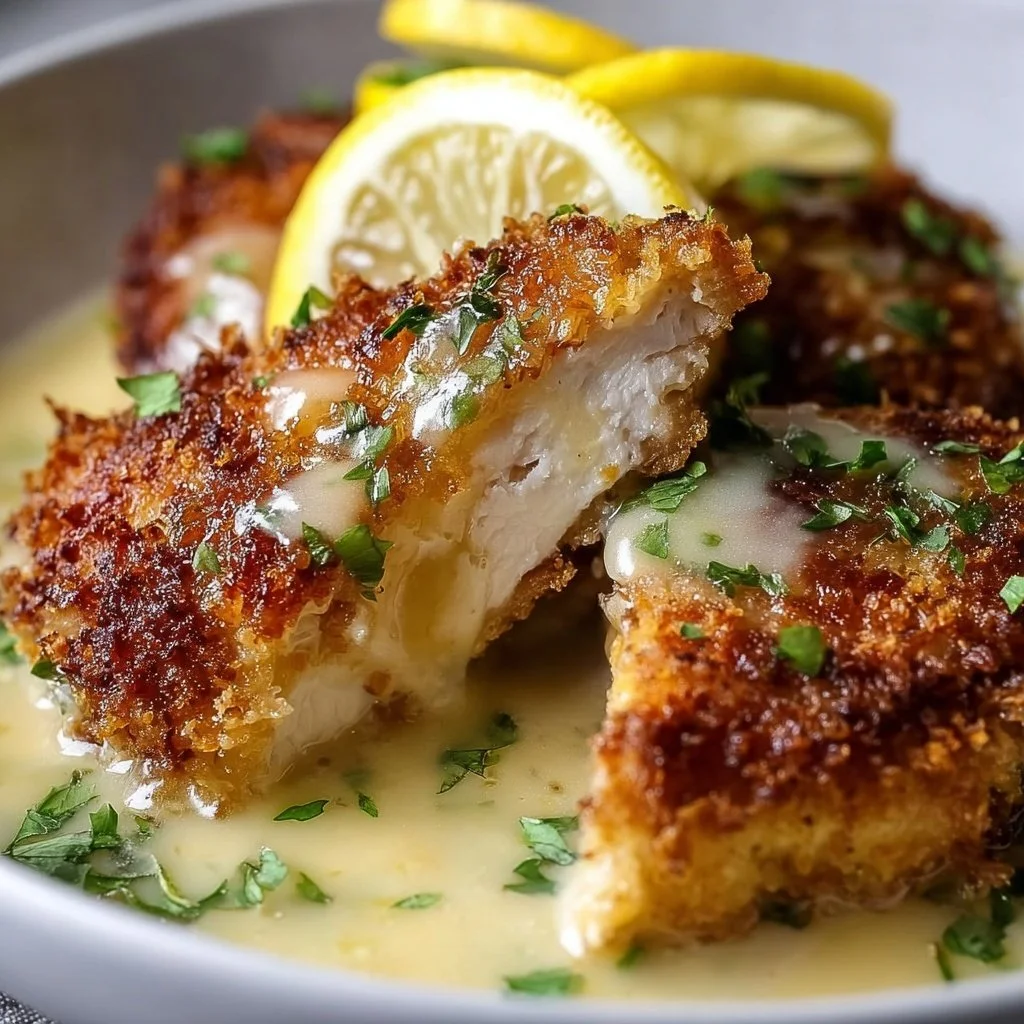 Delicious Lemon Pecorino Crusted Chicken served with creamy lemon sauce