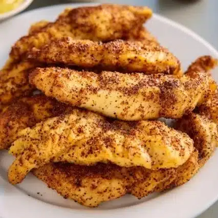 Naked air fryer grilled chicken tenders served on a plate with herbs.
