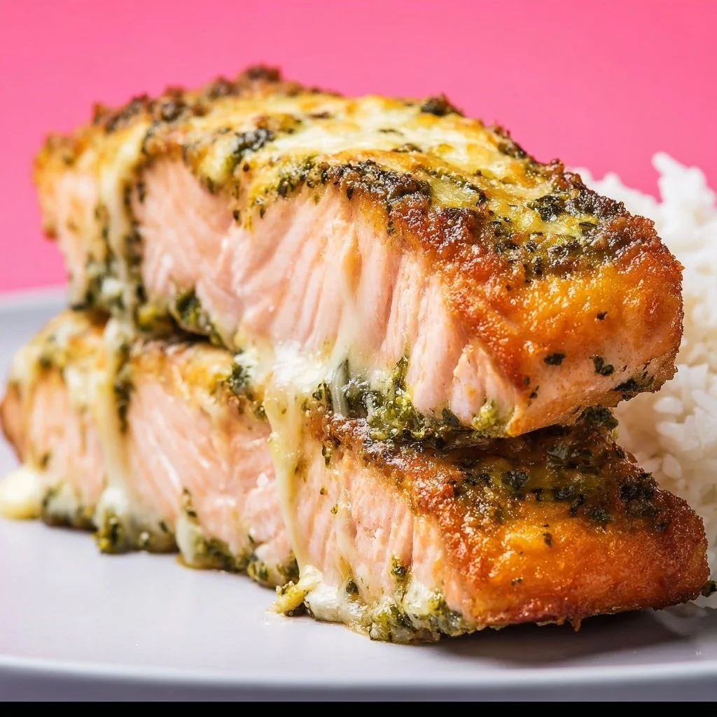 A delicious plate of Pesto Salmon garnished with fresh herbs