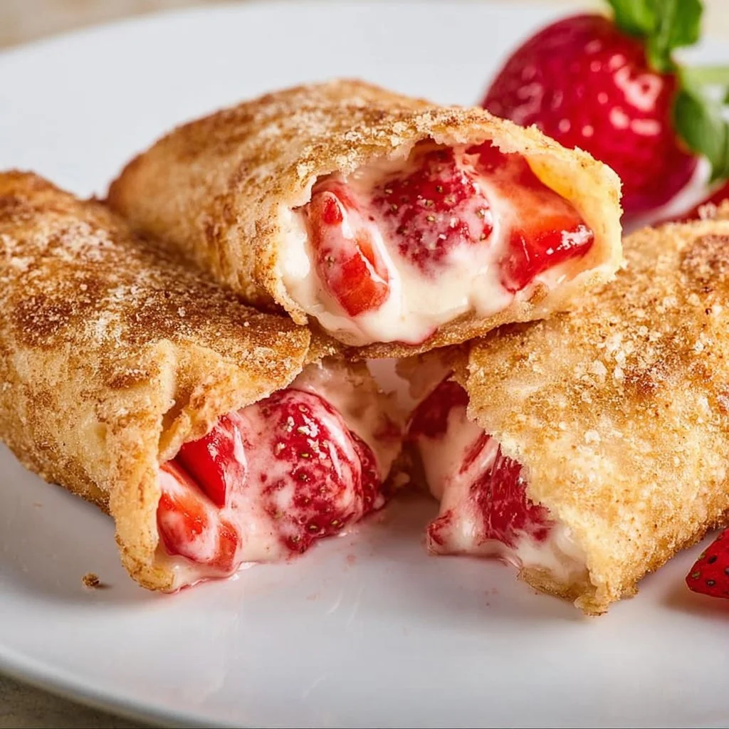 Golden strawberry cream cheese chimichangas served on a plate