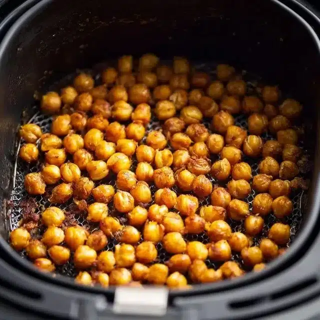 Bowl of ultra crispy air fryer chickpeas garnished with spices