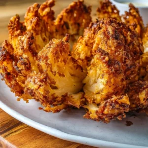 Crispy air fried blooming onion served with dipping sauce
