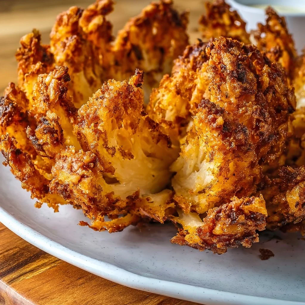 Crispy air fried blooming onion served with dipping sauce
