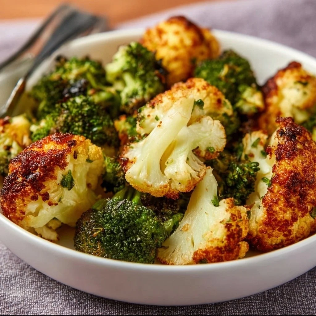 Bowl of air fryer broccoli and cauliflower with seasonings
