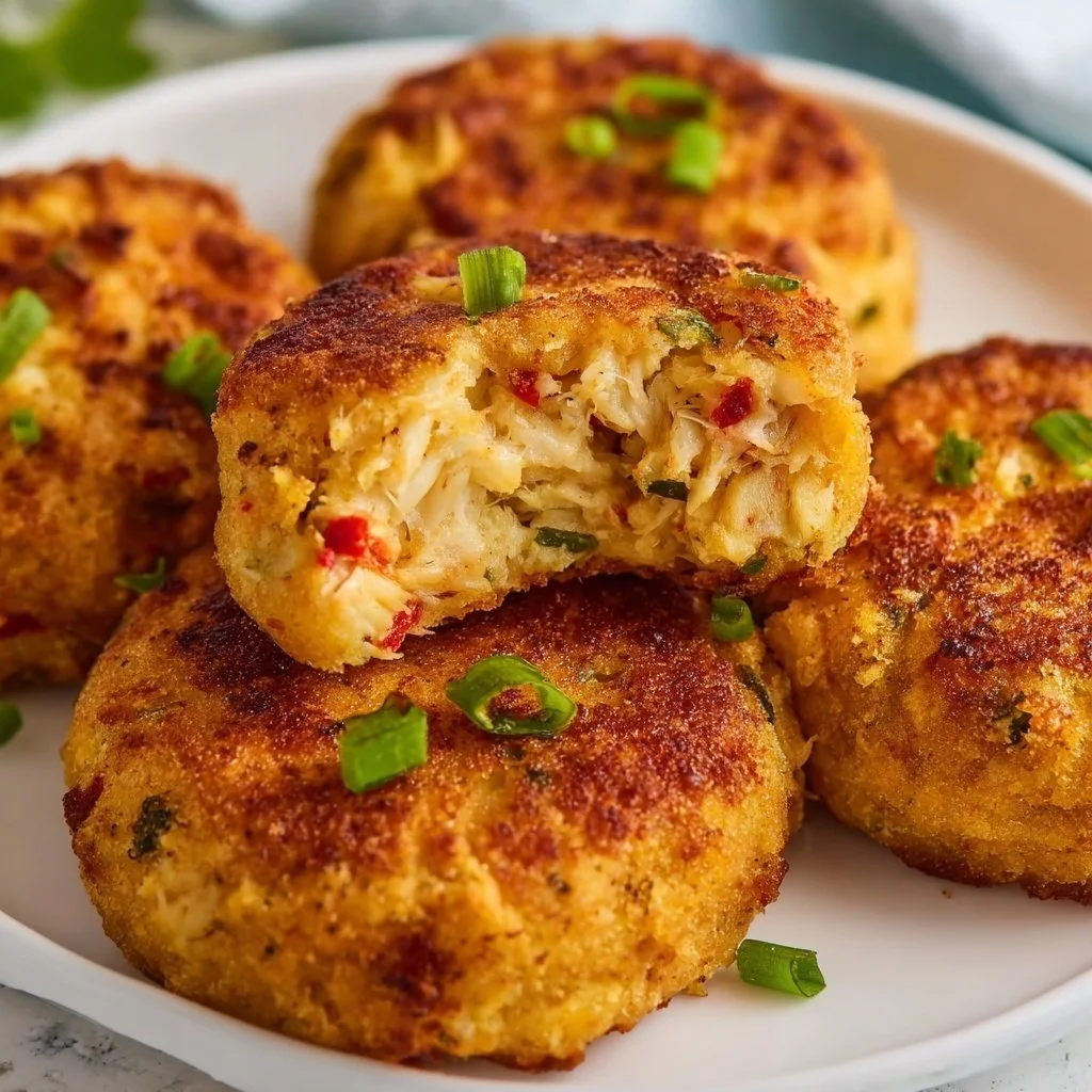 Crispy air fryer crab cakes served with a side dipping sauce