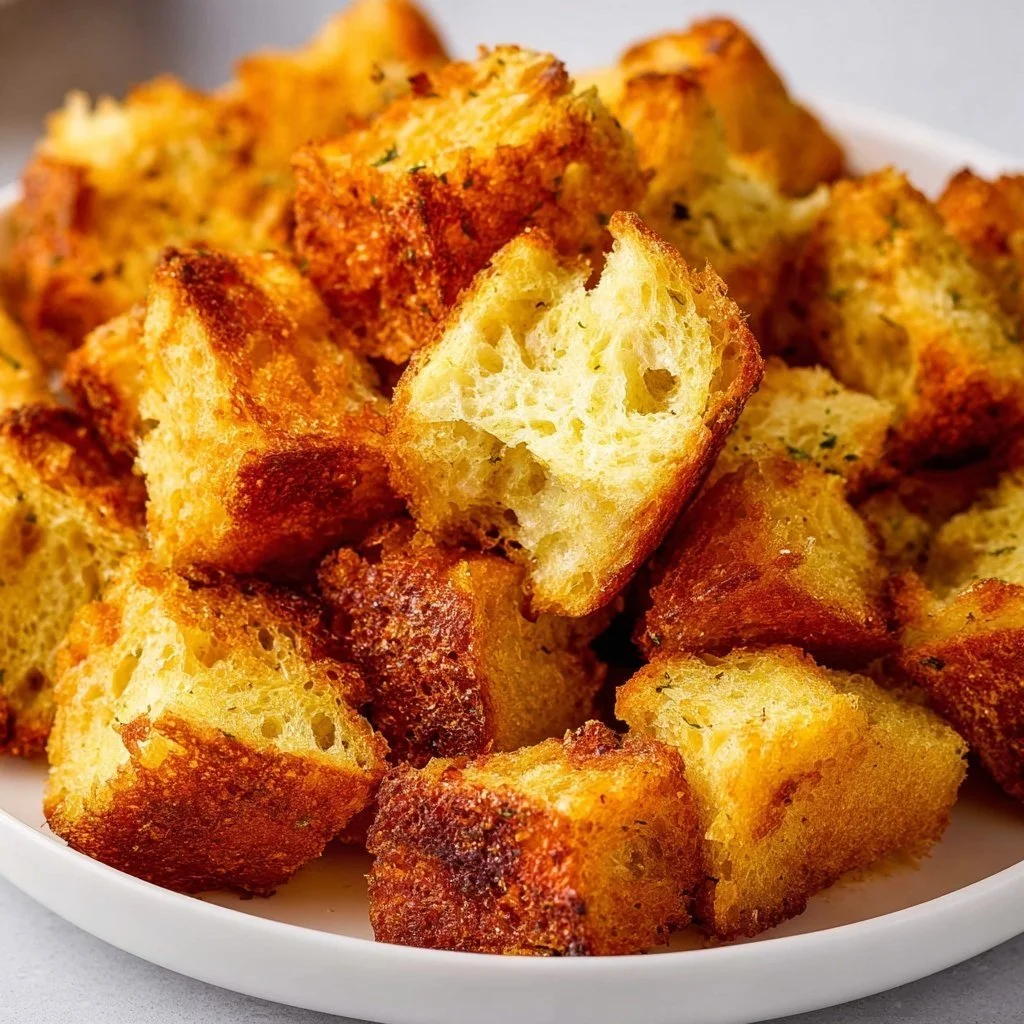 Homemade air fryer croutons served in a bowl