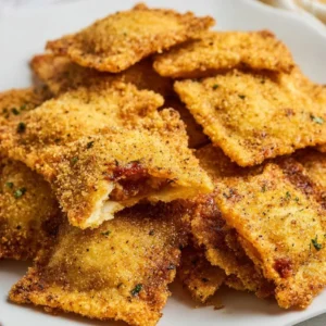 Crispy air fryer fried ravioli served with marinara sauce.