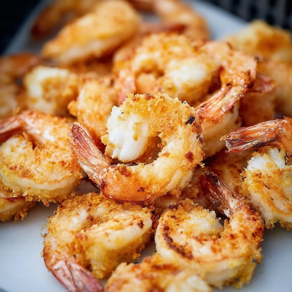 Plate of crispy air fryer frozen shrimp ready to serve