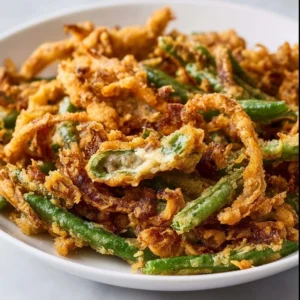 Air Fryer Green Bean Casserole served in a dish, showcasing a crunchy topping and fresh ingredients.