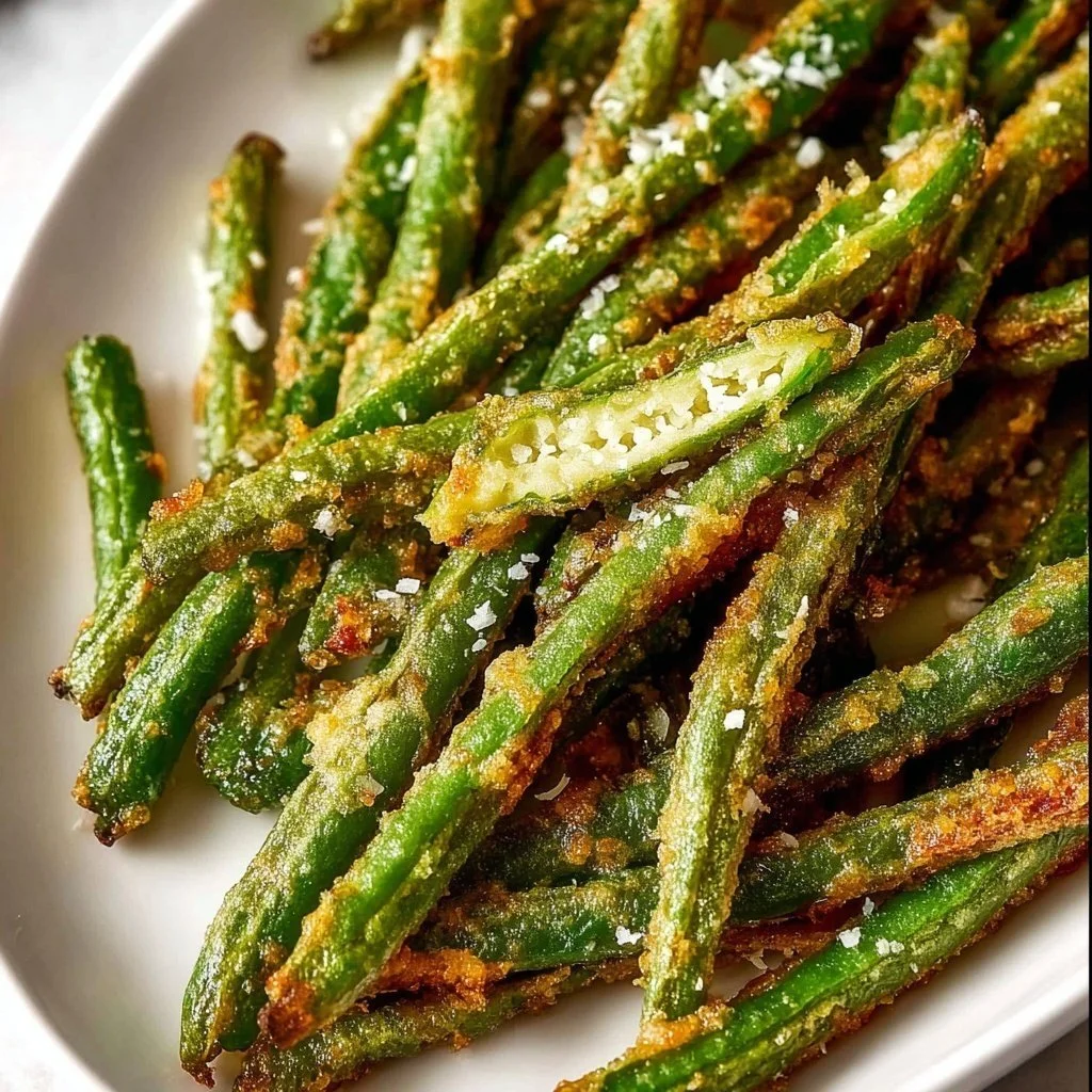 Crispy air fryer green beans served in a bowl with seasonings