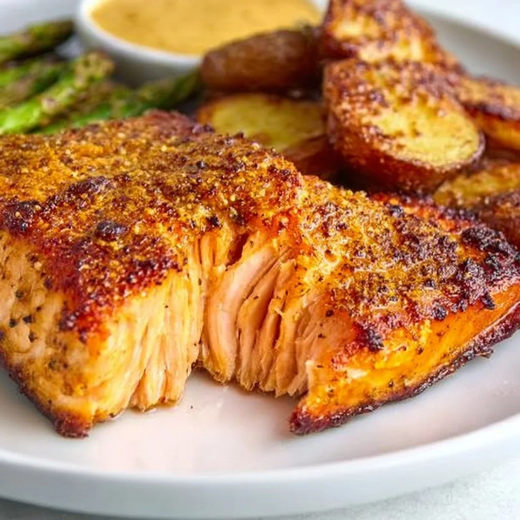 Air Fryer Honey Mustard Salmon recipe with vibrant glaze and healthy ingredients