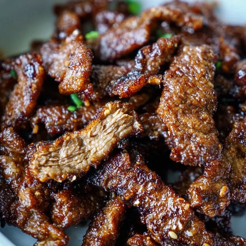Air Fryer Mongolian Beef dish served with vegetables on a plate