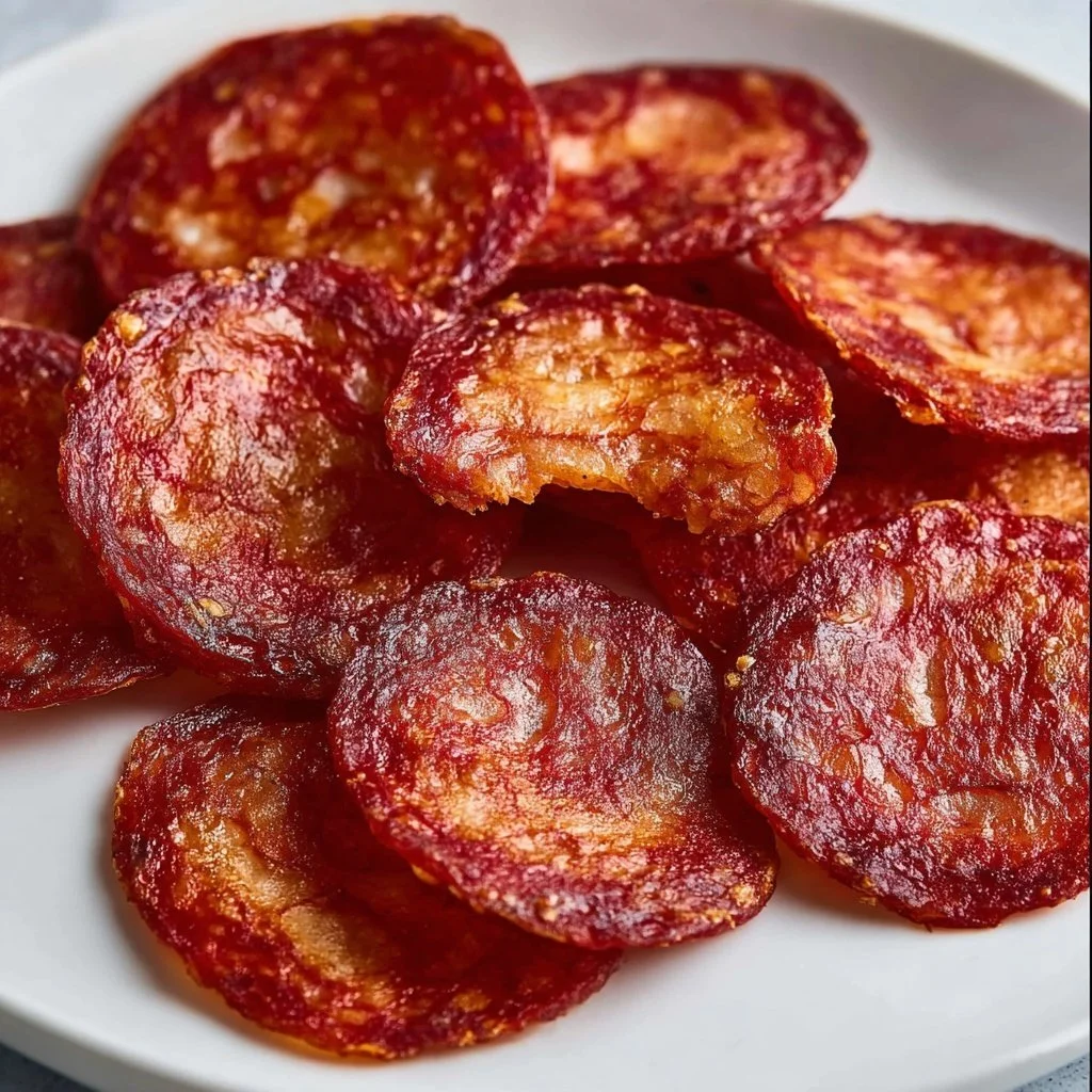 Crispy air fryer pepperoni chips served in a bowl.