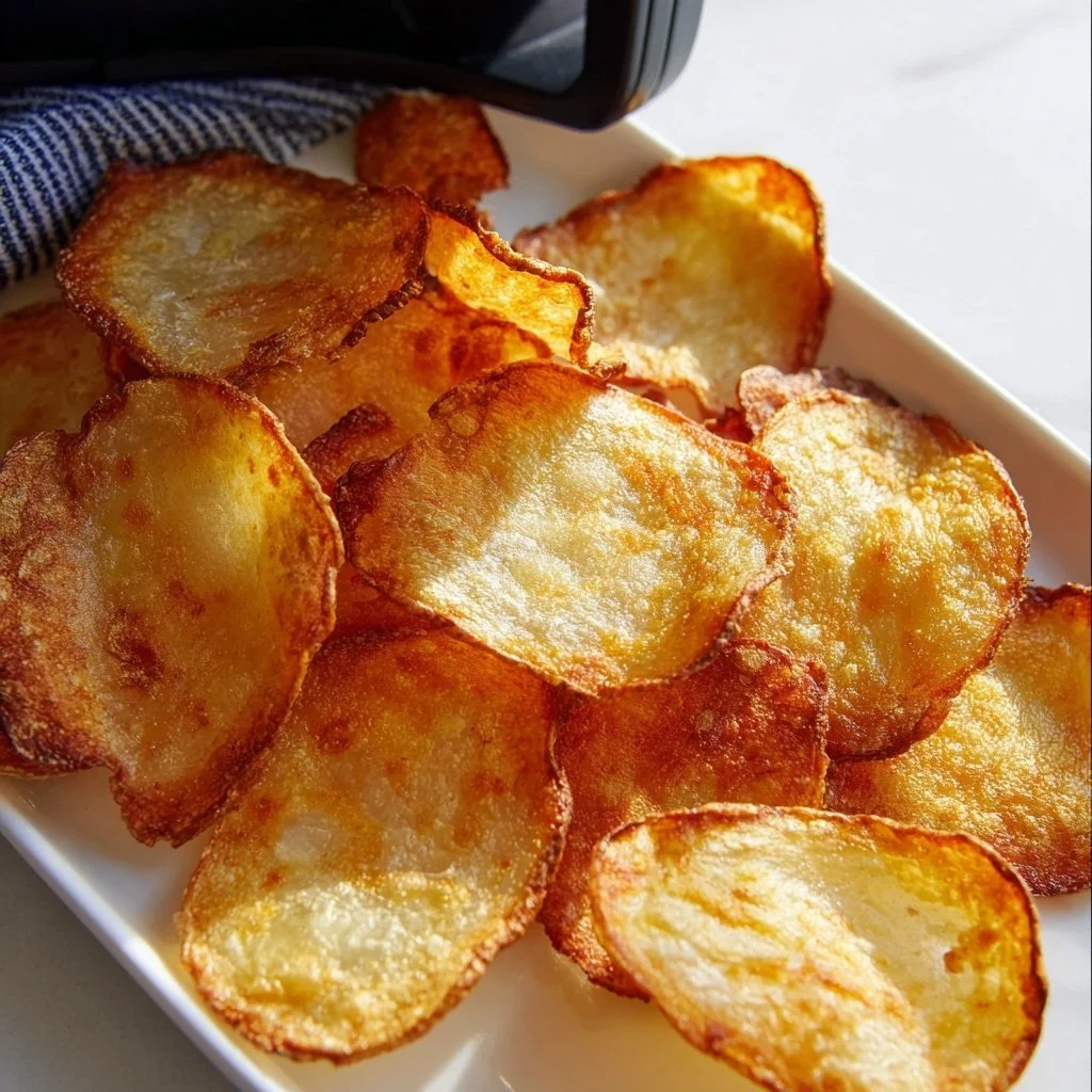 Crispy air fryer potato chips served in a bowl, perfect for snacking.