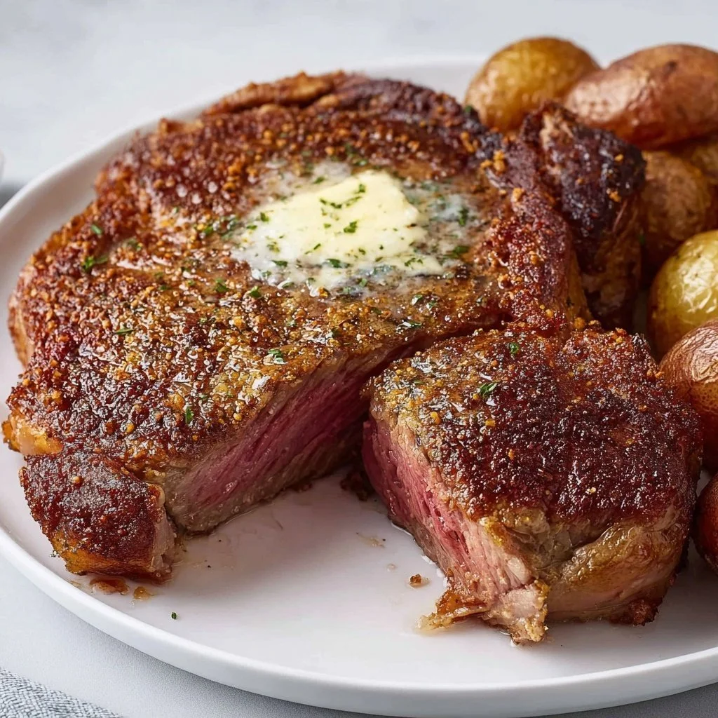 Juicy air fryer ribeye steak on a plate with herbs and spices