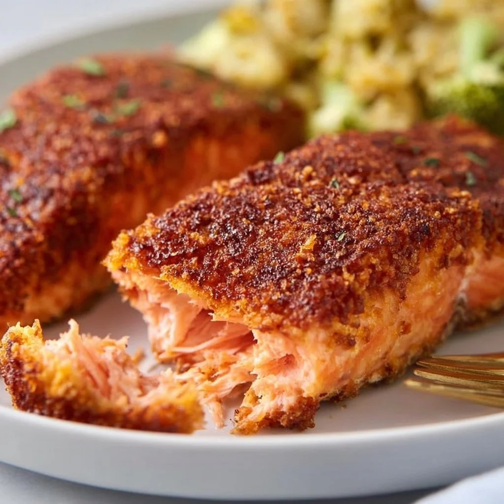 Deliciously cooked Air Fryer Salmon topped with herbs and lemon slices