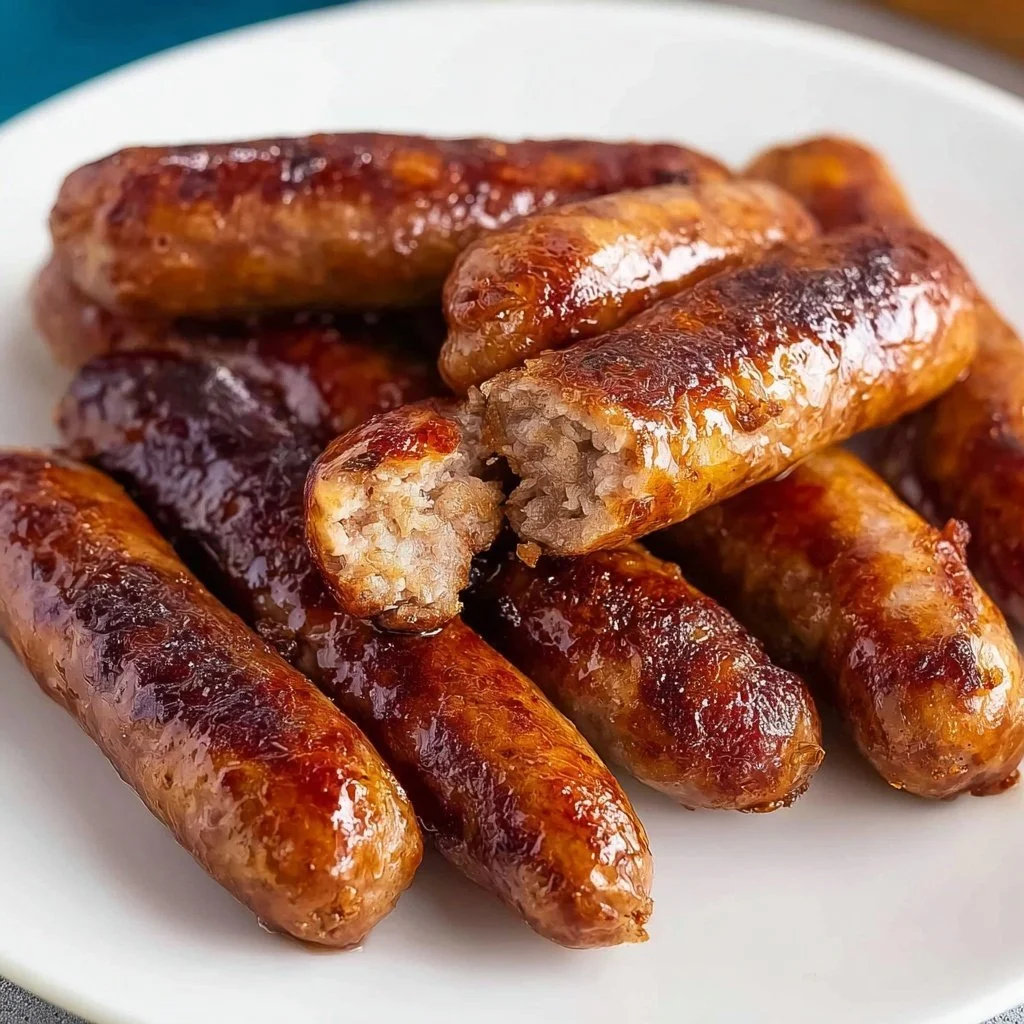 Air fryer cooked sausage links served on a plate