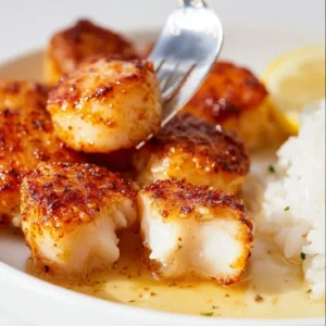 Perfectly cooked air fryer scallops served on a plate with garnishes.