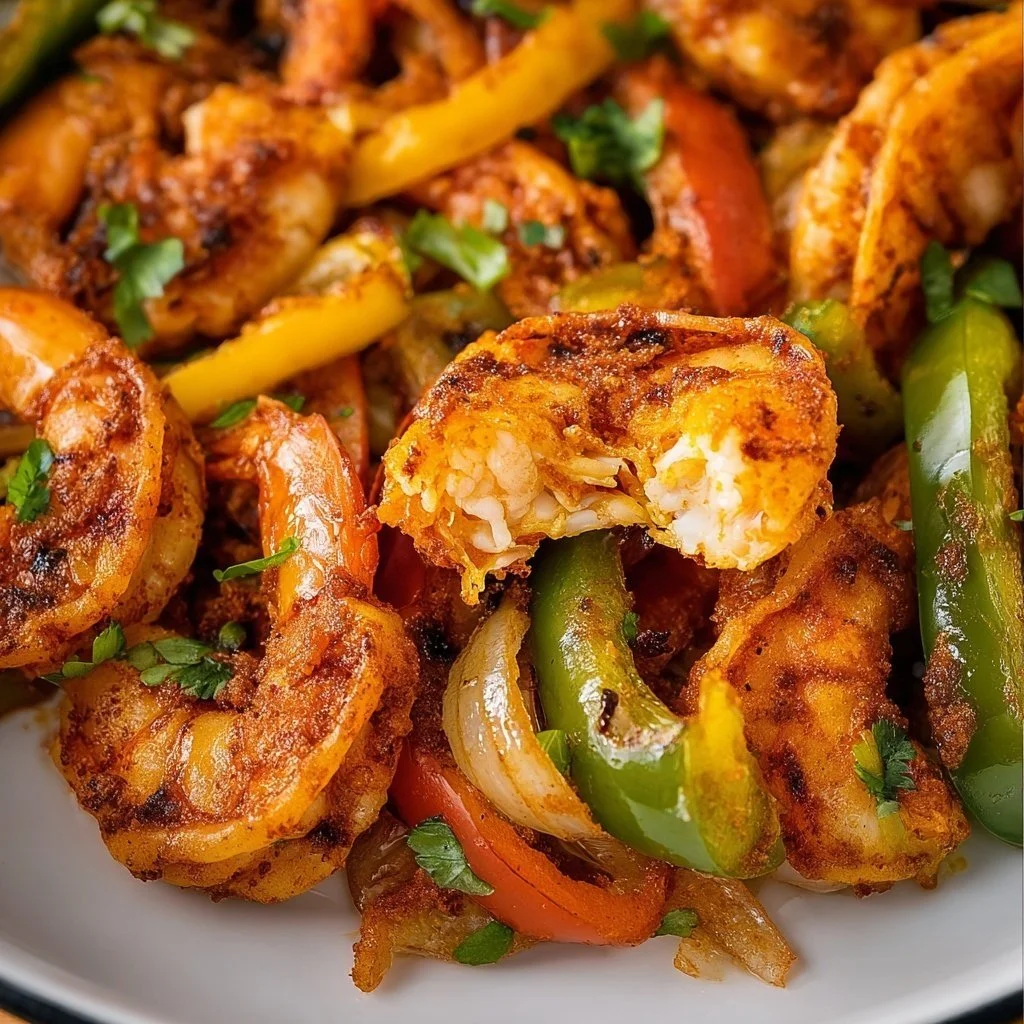 Air fryer shrimp fajitas served on a plate with fresh vegetables and tortillas