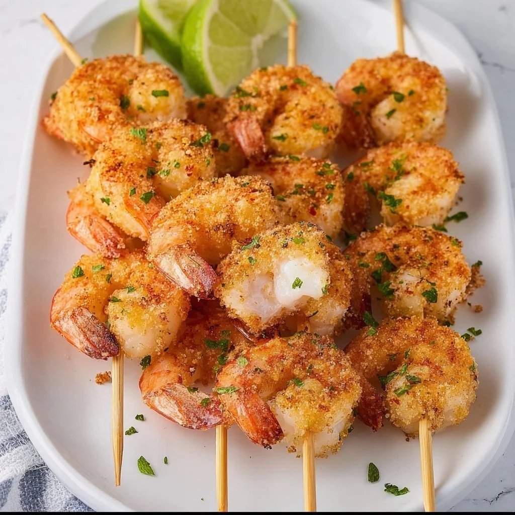 Air fryer shrimp skewers ready to serve with seasoning and dipping sauce