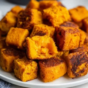 Crispy air fryer sweet potato cubes served in a bowl