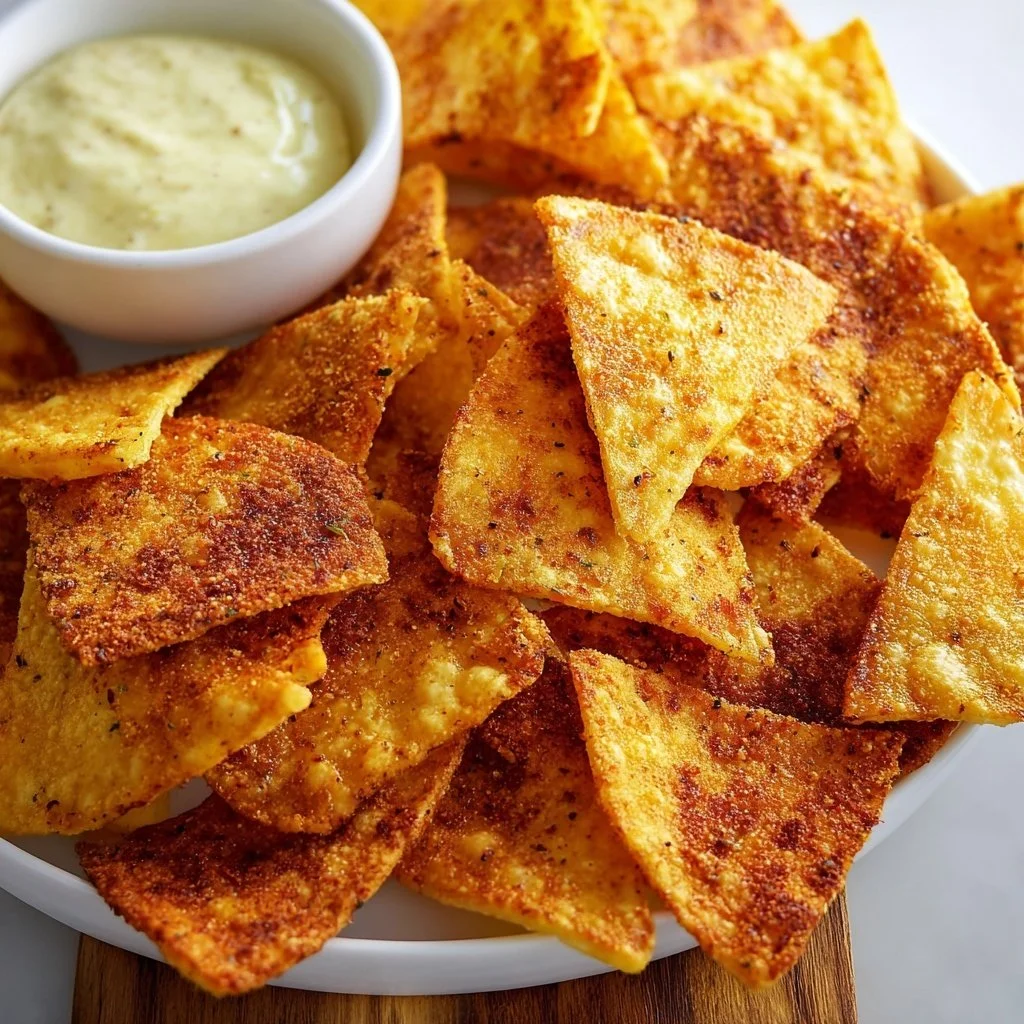 Homemade air fryer tortilla chips served in a bowl with salsa