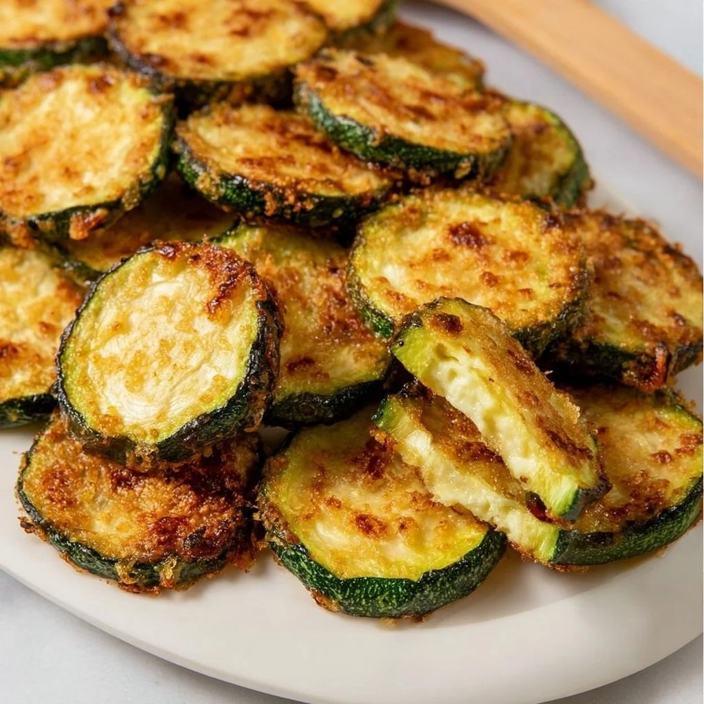 Crispy air fryer zucchini slices ready to be served.