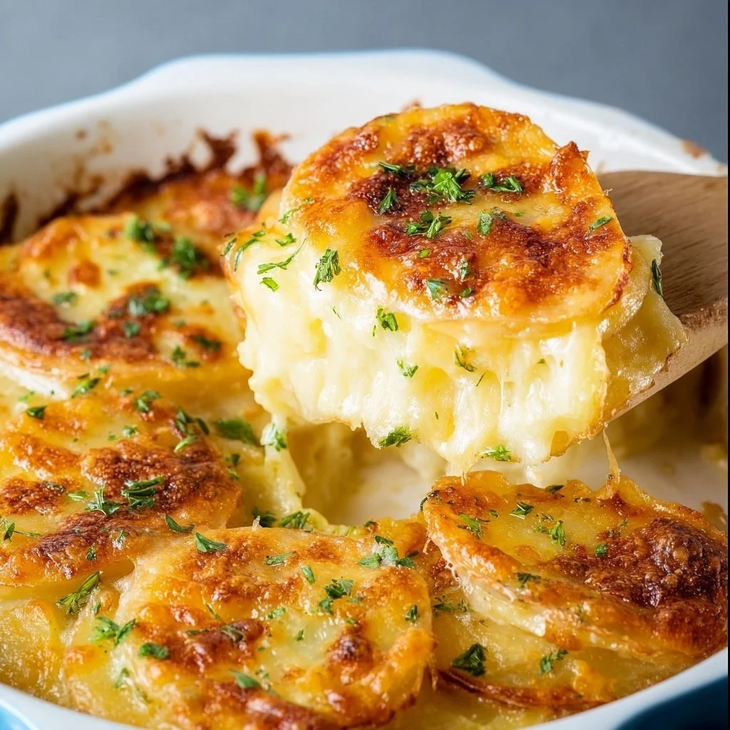 Delicious cheesy scalloped potatoes baked to perfection in a creamy sauce.