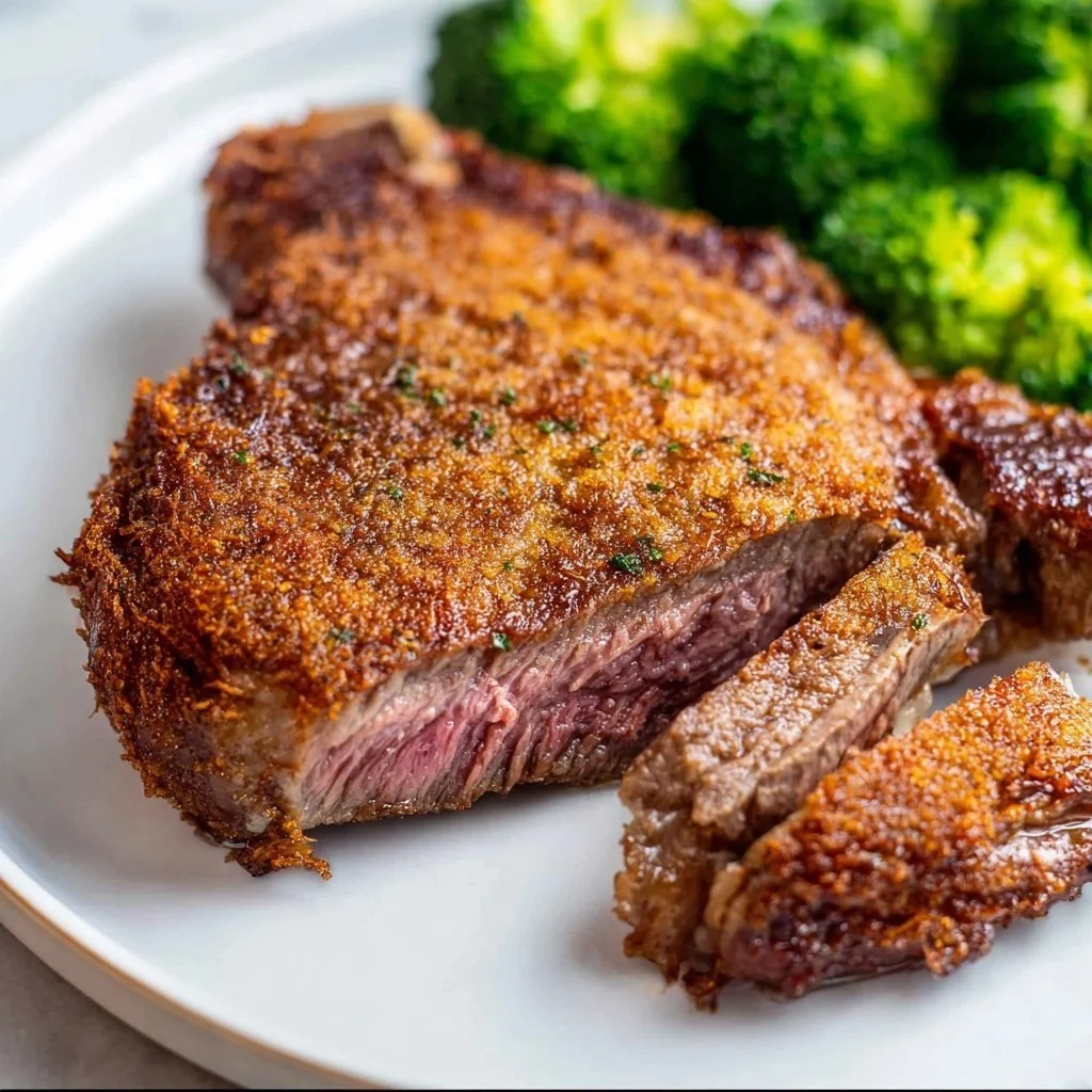 Frozen steak cooked in an air fryer for a quick, delicious meal
