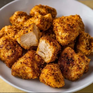 Juicy air fryer chicken bites cooked to perfection and served on a plate.