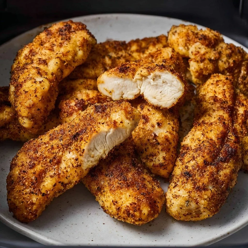 Crispy air fried chicken tenders reheating in an air fryer.