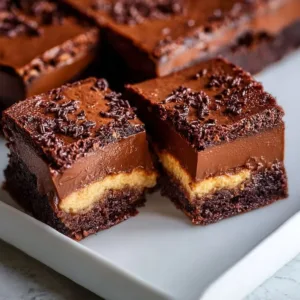 Decadent chocolate mousse brownies layered with creamy mousse topping