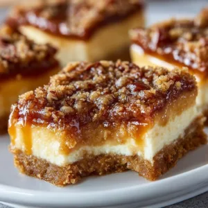 Delicious praline caramel cheesecake bars on a decorative plate