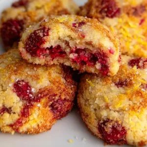 Freshly baked Lemon Raspberry Cookies on a white plate with raspberries and lemon slices