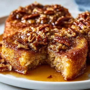 Pecan Pie French Toast topped with pecans and syrup on a plate