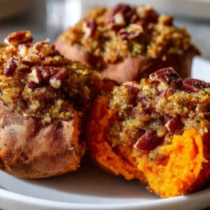 Delicious Pecan-Stuffed Sweet Potatoes served on a plate.