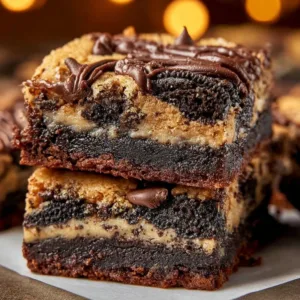 Delicious slutty brownies stacked and ready to be enjoyed.