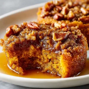 Warm Pumpkin Pecan Delight dessert with pecans and pumpkin puree