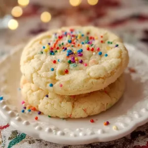 Plate of 3 ingredient sugar cookies with sprinkles on top.