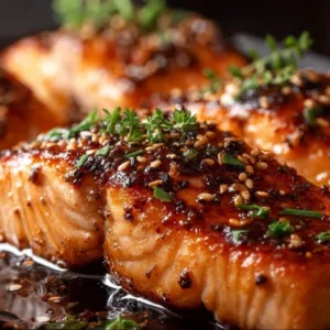 Delicious honey garlic glazed salmon topped with garlic and honey glaze