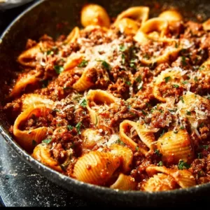 Bolognese and Shells dish served in a bowl with garnishes