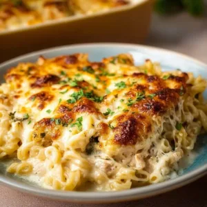 Delicious Alfredo Bake with creamy sauce and pasta layers