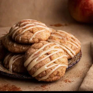 Freshly baked Apple Spice Chocolate Chip Cookies on a wooden table.