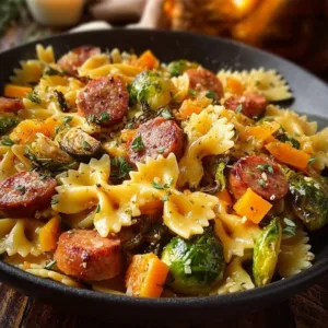 Delicious autumn sausage pasta squash dish served in a bowl