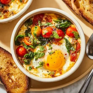 Baked feta eggs with tomatoes and spinach on a plate.