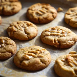 Freshly baked peanut butter cookies on a tray