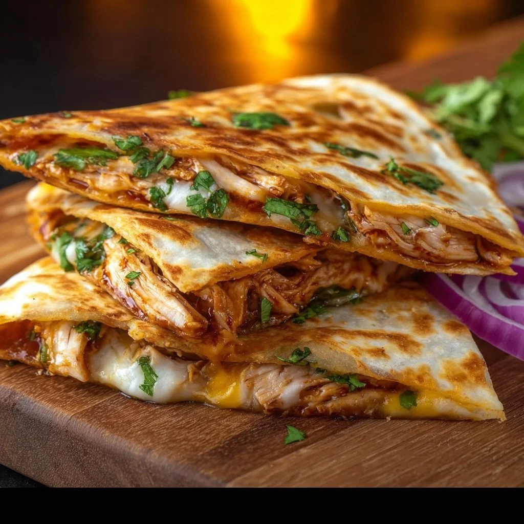 Delicious BBQ chicken quesadillas served on a plate with salsa.