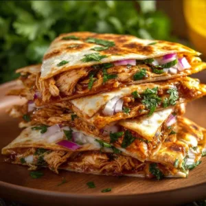 Delicious BBQ chicken quesadillas served on a plate, perfect for an easy dinner.